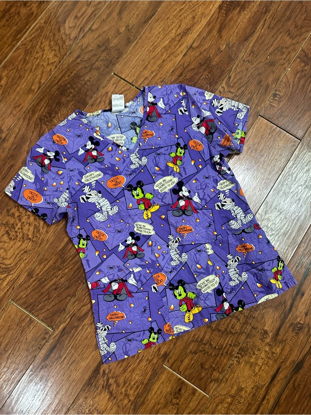 Disney Mickey Mouse & Goofy Halloween Scrub Top Purple Trick or Treat